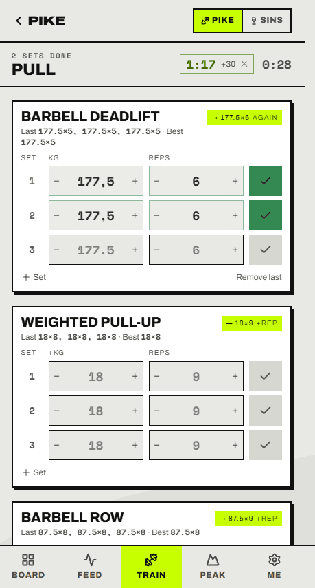 A live session with ghost values, targets and a rest timer